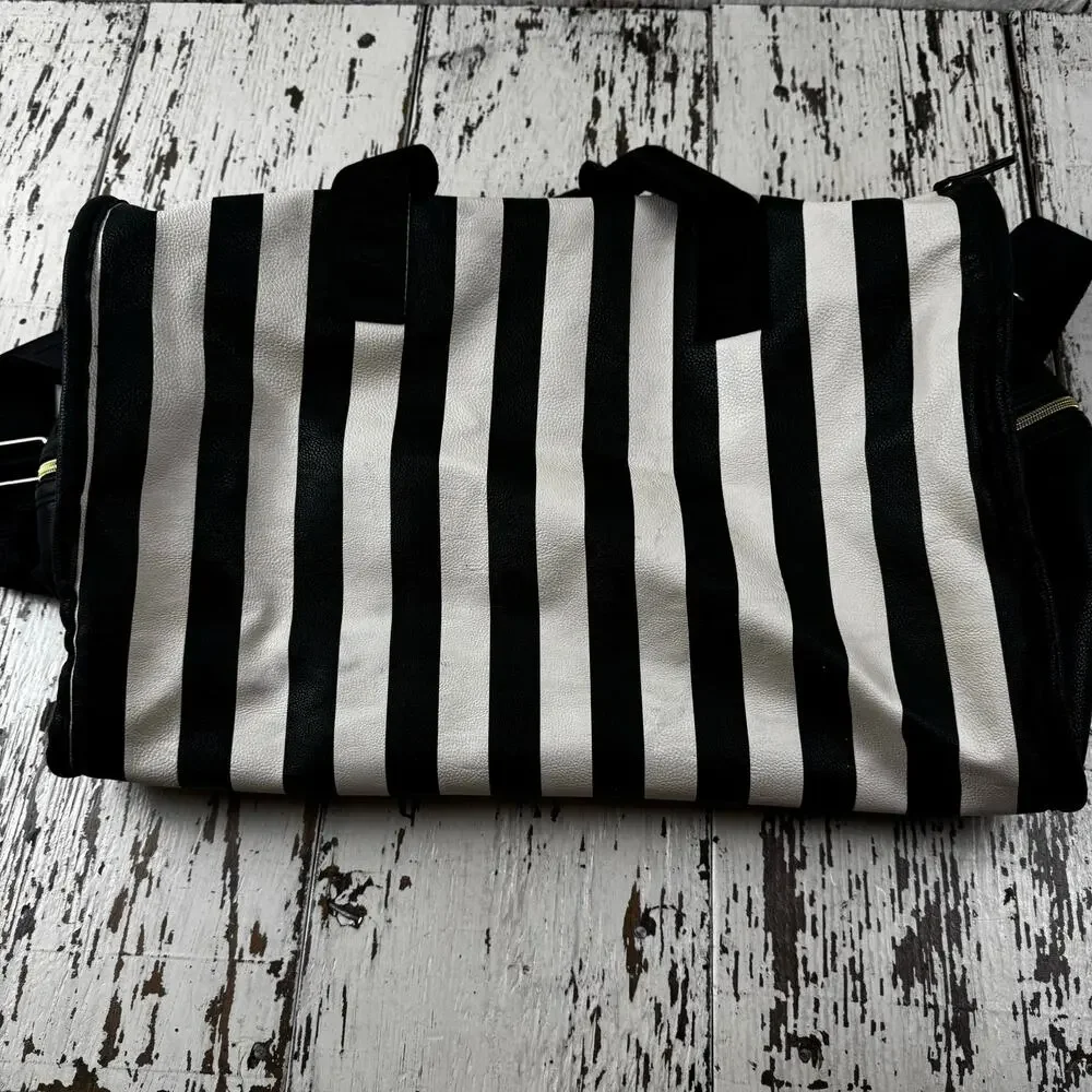 Betsey Johnson Striped Weekender Travel Duffle Bag Black White Floral Interior